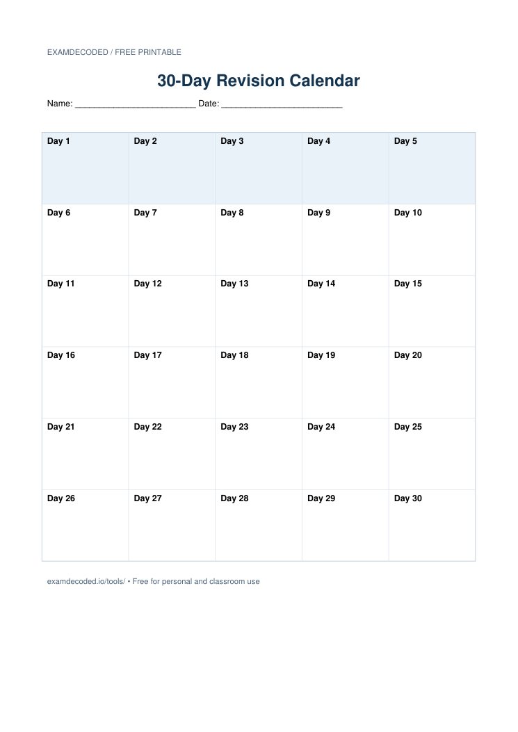 Preview of the 30-Day Revision Calendar printable worksheet