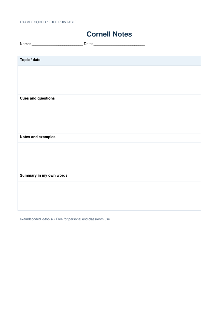 Preview of the Cornell Notes printable worksheet