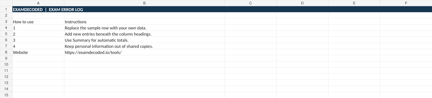 Preview of the Exam Error Log workbook