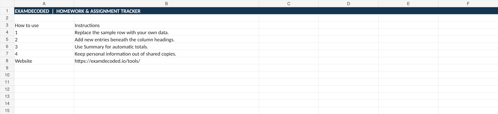 Preview of the Homework & Assignment Tracker workbook