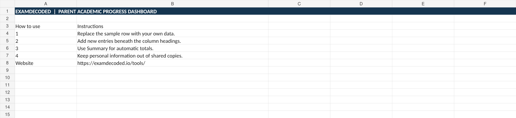Preview of the Parent Academic Progress Dashboard workbook