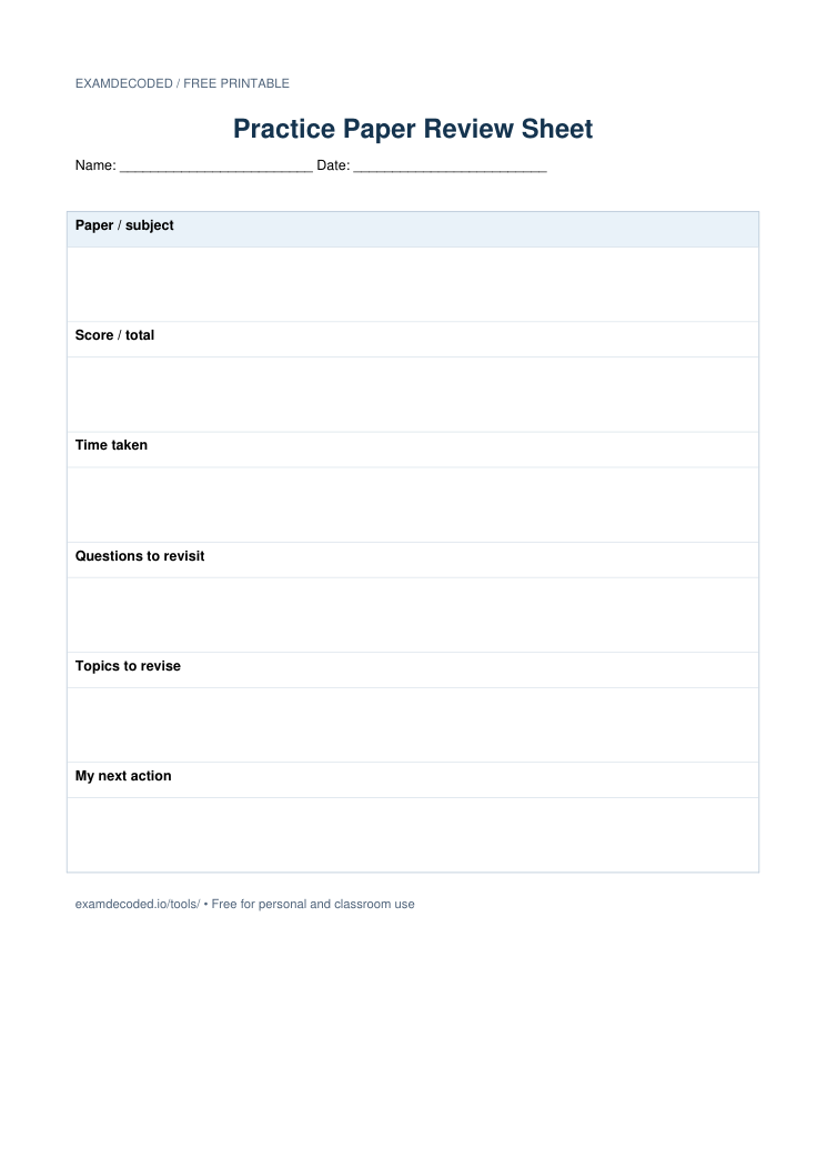 Preview of the Practice Paper Review Sheet printable worksheet