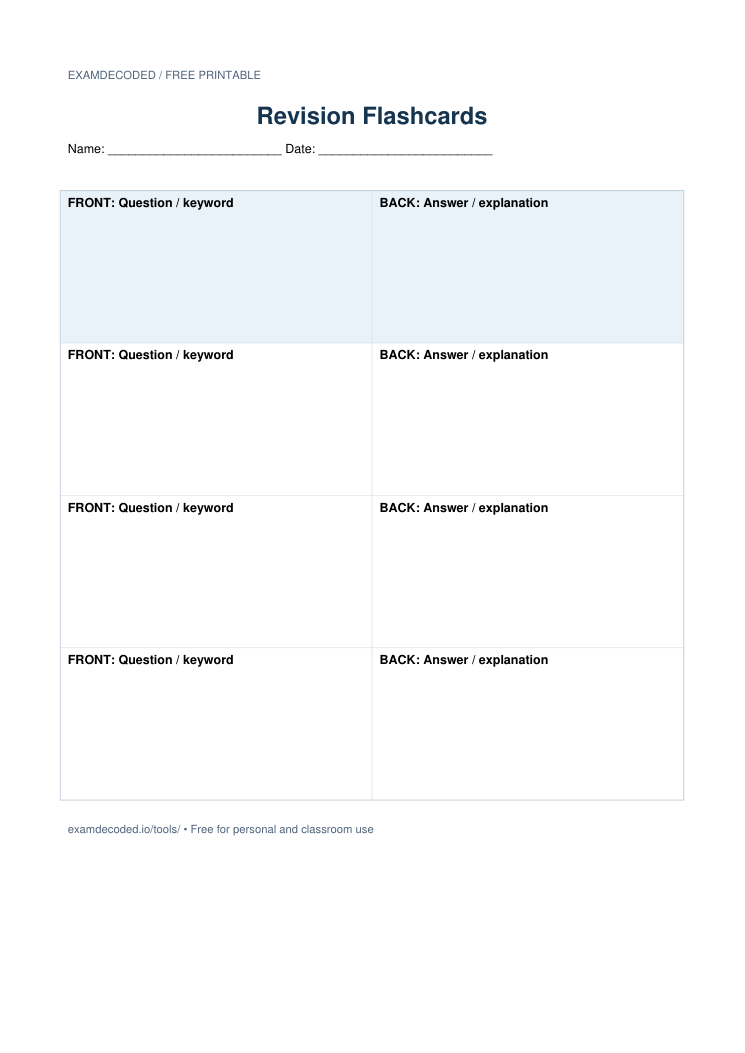 Preview of the Revision Flashcards printable worksheet