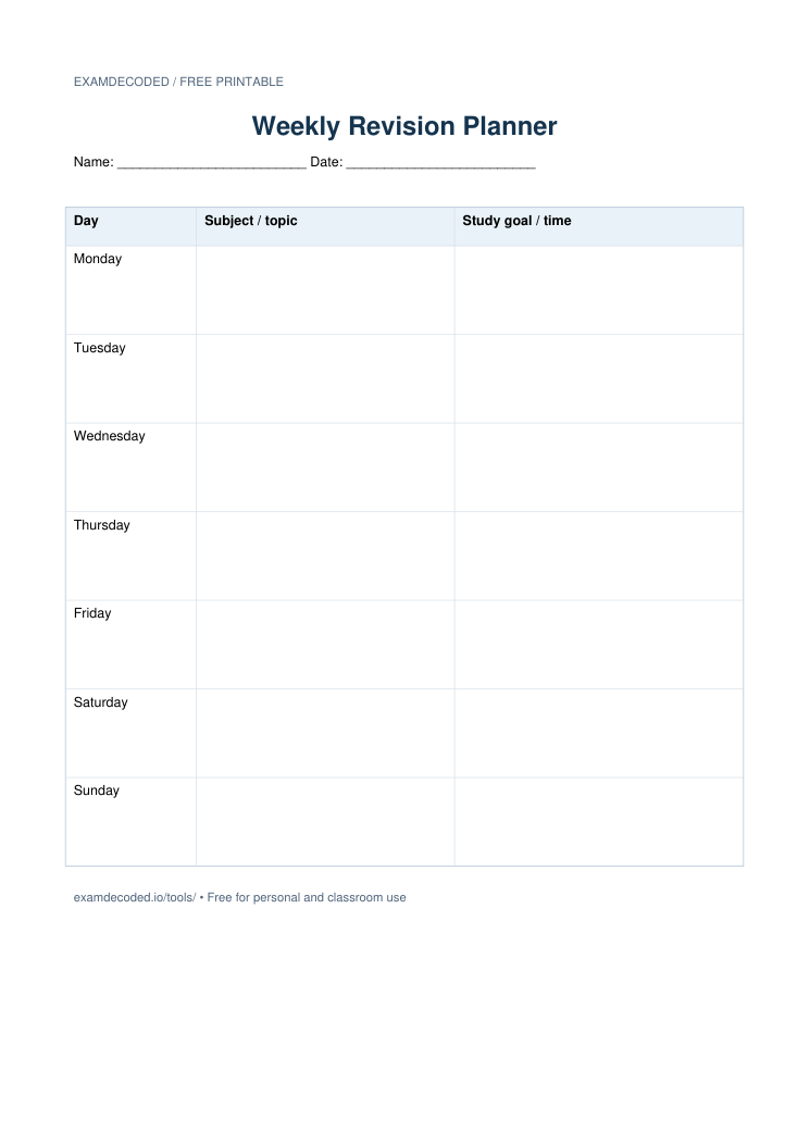 Preview of the Weekly Revision Planner printable worksheet